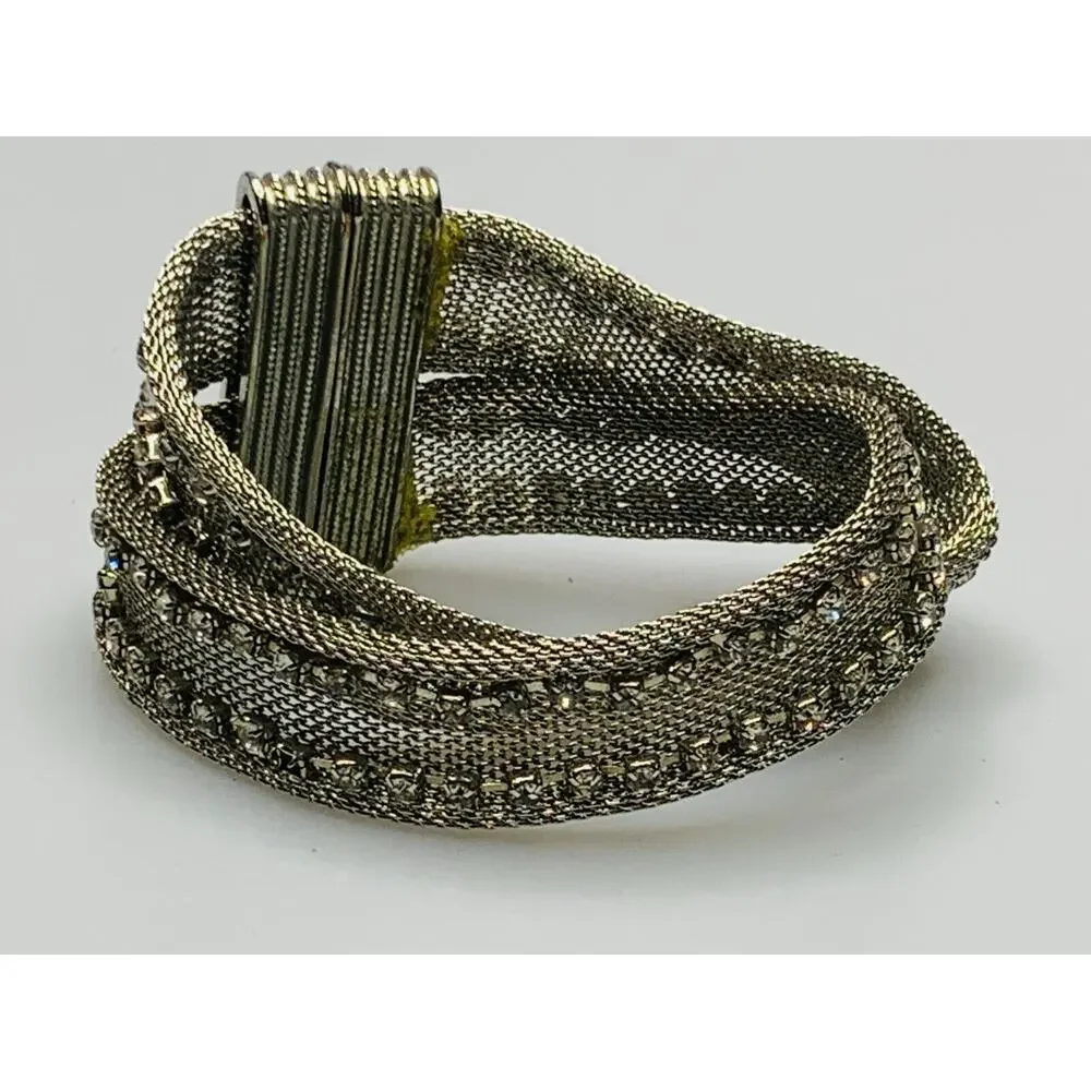 Silver Metal Mesh Bracelet with Rhinestones, Magnetic Clasp